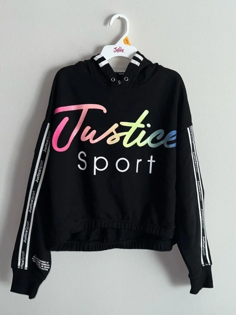 Justice Sport Girls Pullover Fleece Black Hoodie Glitter Logo Size L (12/14) NWT